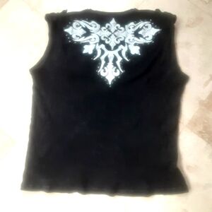 '90s Kanji Waffle Knit Sleeveless Muscle Shirt, Gothic Applique Back, Zip Pocket